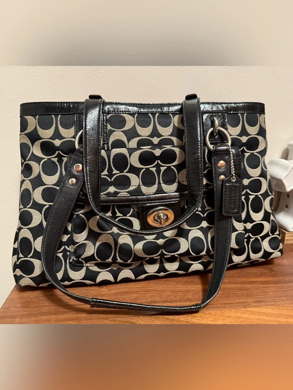 Coach Penelope Black grey Logo Shoulder Bag with Turn-Lock Front Pocket